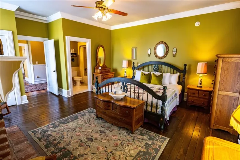beautifully appointed bedroom at legacy farms